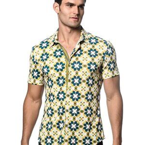 Mens Teal & Citrus Floral Short Sleeve Stretch Performance Shirt XL
